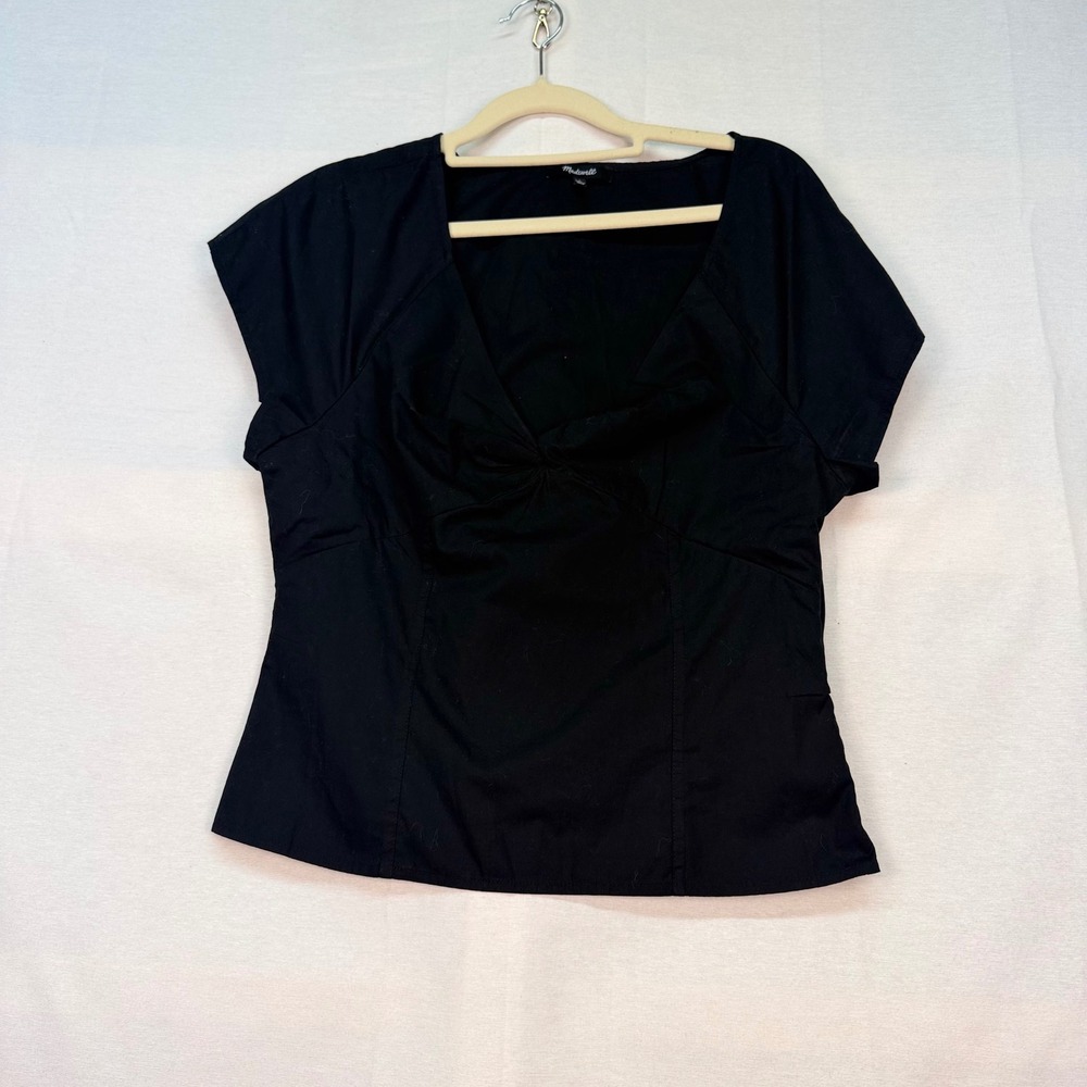 Madewell Womens Black Twist Front V-Neck Cap Sleeve Cotton Blouse Top Size‎ 8